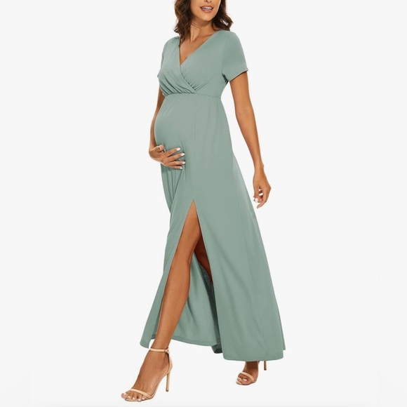 Maternity Sage Green Maxi Dress, Baby Shower Size Small - Picture 2 of 8